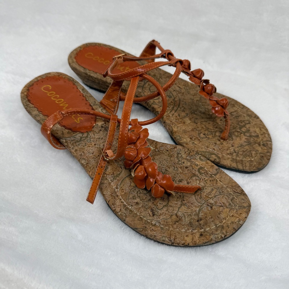Coconuts by Matisse Womens Cognac Floral T-Strap Cork Wedge Sandals 7 Brown READ